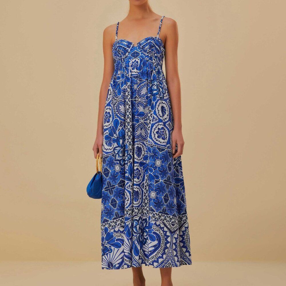 Farm Rio Dream Blue Tile Midi Dress Size Small